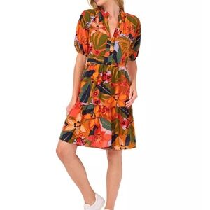 CeCe Orange Floral‎ Short-Sleeve Babydoll Dress Sz L